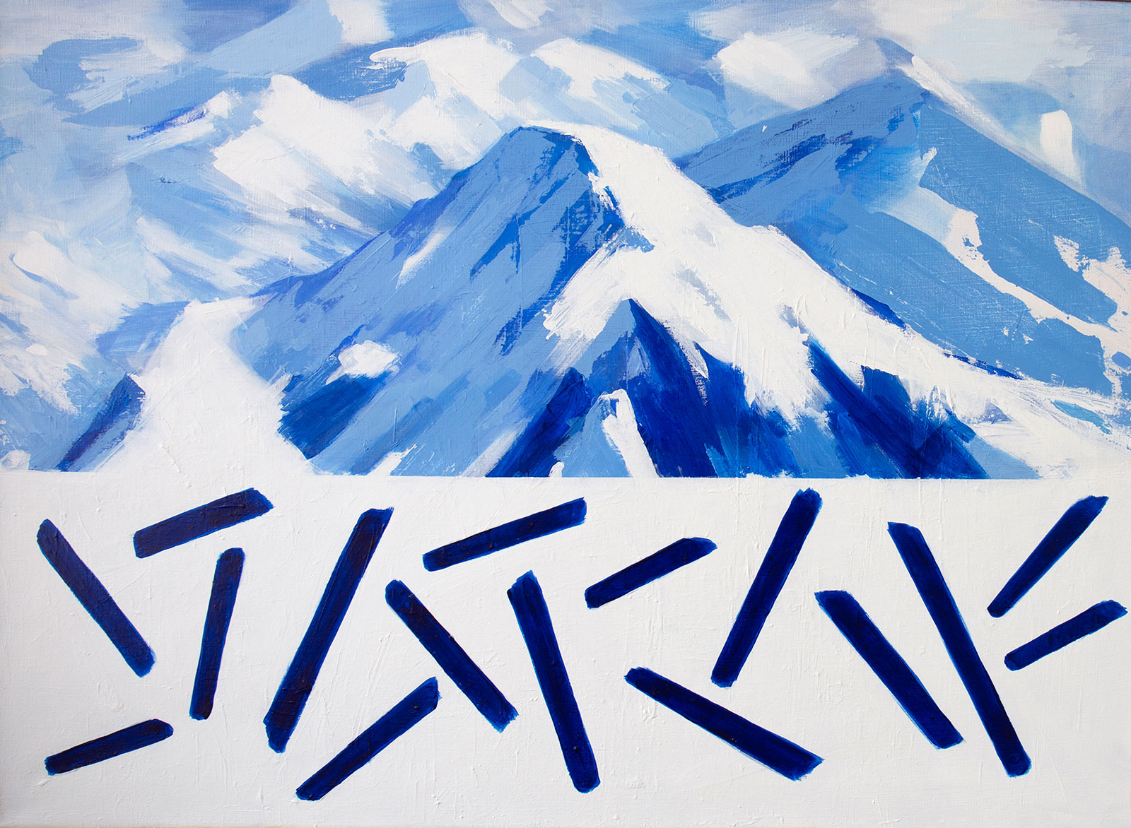 Målning. På övre halvan av bilden, snöiga berg i blå och vit färgskala sedda snett uppifrån. På den undre, blå streck i olika riktningar mot en vit bakgrund. 
