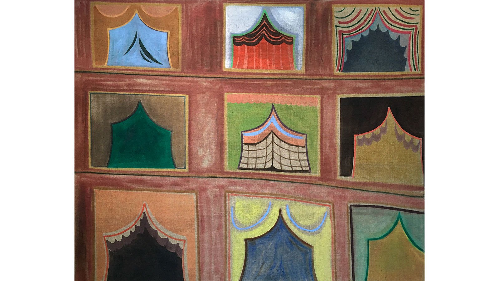 En oljemålning med flera scener eller tält i olika färger, form och utseende i varsin ruta. De liknar ridåer på medeltida tält, cirkustält eller teaterpaviljong. 
