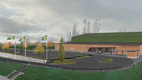 Illustation/fotomontage. En lång byggnad till höger med grönt tak, Runt om gräsmattor och en asfalterad väg.