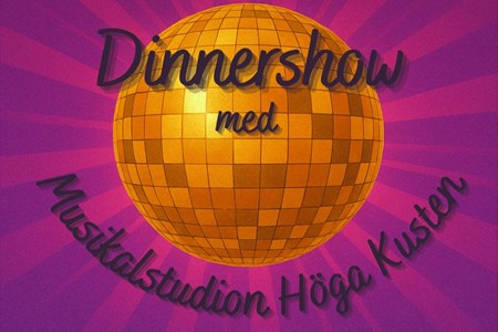 Gul discokula på rosa bakgrund med testen: Dinnershow med Musikalstudion Höga Kusten