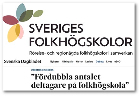 Organisationen Sveriges folkhögskolors logotype tillsammans med en skärmdump av debattartikelns rubrik på Svenska Dagbladet. 