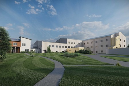Bild visar projektering för nya byggnader vid rättspsykiatriska kliniken i Sundsvall.