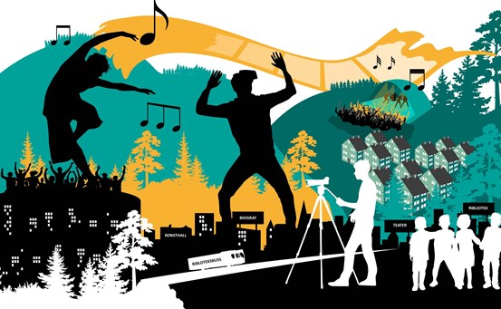 Illustration som visar kulturaktiviteter som till exempel dans, film, litteratur m.m.