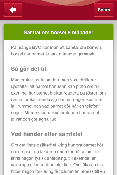 1177 BVC-app, exempel med information om samtal om barnets hörsel