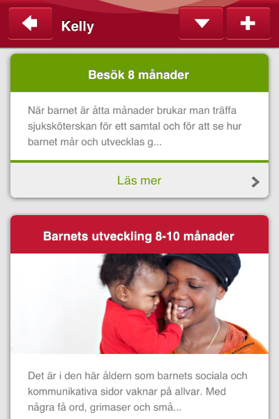 1177 BVC-app visar information om besök och barnets utveckling