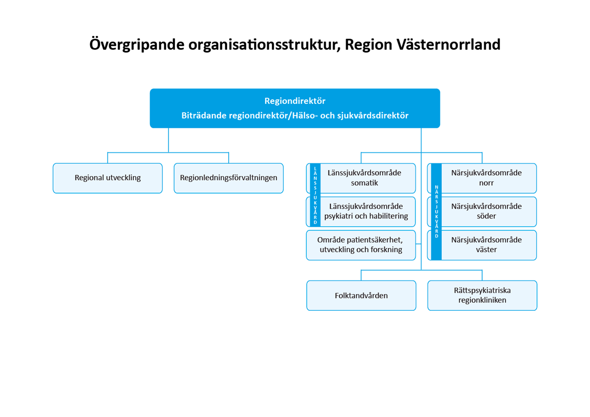 alt='Organisationsskiss visar områden inom Region Västernorrland, grupperade på hälso- och sjukvård och områden med annan verksamhet'