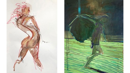 Till vänster: kurvig kvinnostudie med snabba och enkla penseldrag, ryggen är delvis vänd mot betraktaren. Till höger: Målning av ett barn som springer med handduken som en cape runt halsen. Målningen går i mörka gröna toner.