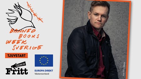 Porträtt av Joakim Medin bredvid en fredsduva med texten Tjuvstart Banned Books Week