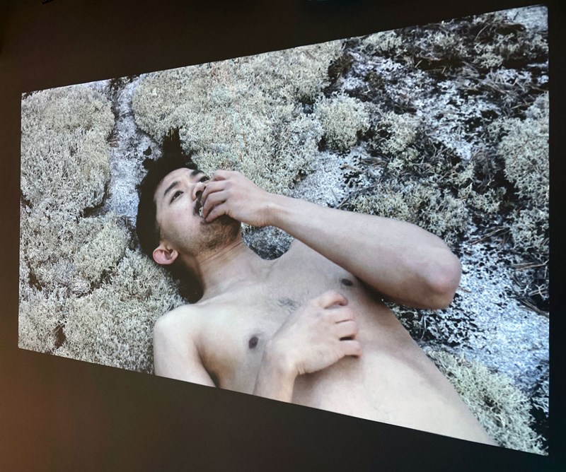 Foto av video. På skärmen syns den nakna överkroppen på en man med mörkt kort hår. Han ligger på rygg på marken på vit mossa. Han tittar rakt upp. Hans högra hand vilar på bröstet och hans vänstra håller han mot munnen.