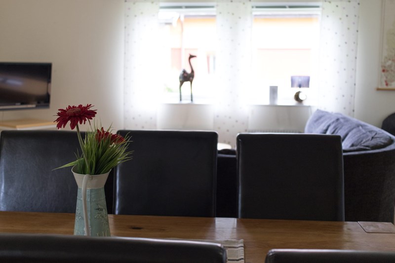 Gemensamt rum i internatet med soffa, tv och matbord