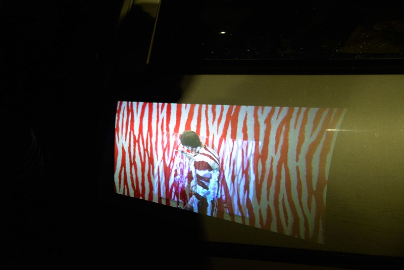 Foto av en del av bilens kaross där det projiceras en film. På filmen syns en konstnär som målar ett rött och vitt zebramönster. Konstnären är klädd i liknande färg och mönster och liksom smälter in i bilden.