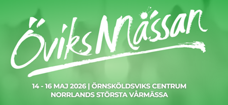 Öviksmässans logotype, ljusgrön bakgrund med Öviksmässan skrivet i vitt.