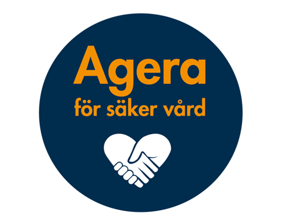 Symbol med text "Agera för säker vård", illustration av två händer i ett handslag som får form av ett hjärta