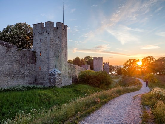 Foto av ringmuren i Visby i solnedgång.