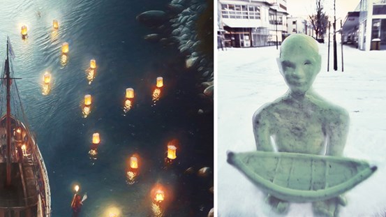 Två bilder. Till vänster en vattenyta sedd uppifrån. Ett skepp syns till vänster och en stenig strand till höger. På vattnet flyter många lysande objekt. Till höger ett fotomontage: en ljust grön skulptur på en snöig gata. 