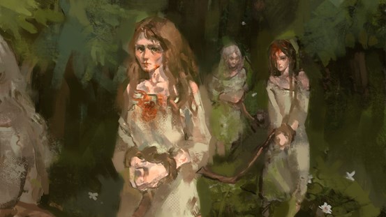 Illustration av tre kvinnor i smutsiga kläder och med bundna händer.