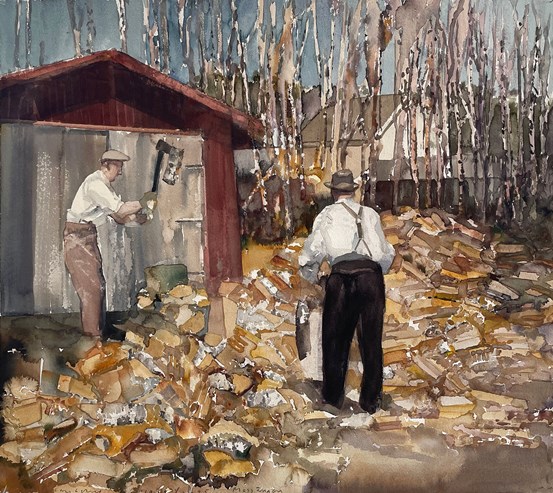 Beskrivning av akvarellen "Vedklyvare" finns i brödtexten.