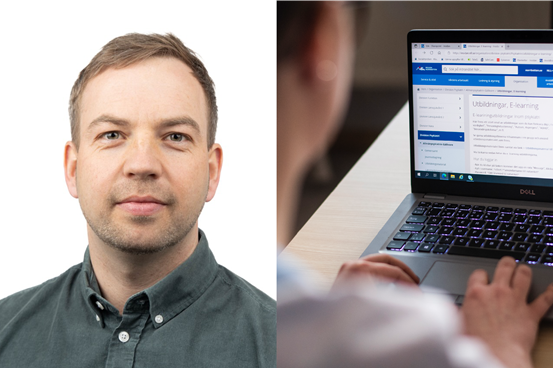 Kollage. Porträtt av läkaren Matthias Jörg och person som arbetar vid en dator.