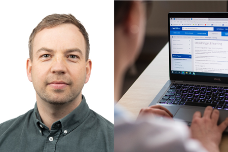 Kollage. Porträtt av läkaren Matthias Jörg och person som arbetar vid en dator.