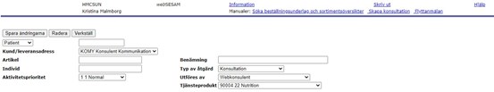 Bild på formulär med möjlighet att fylla i kund, artikel och konsulation