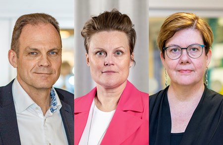 Porträttbilder av ekonomidirektör Dick Rytterdahl, regionstyrelsens ordförande Sara Nylund (S) och regiondirektör Åsa Bellander