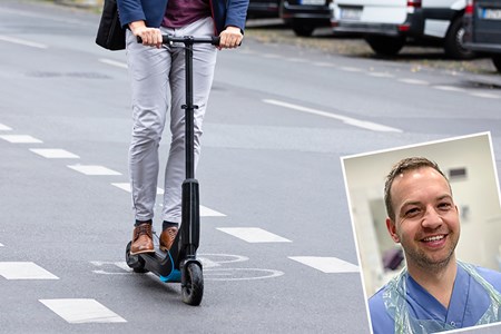 Två sammanfogade bilder med en bakgrundsbild på en elsparkcykel i trafik och ett infogat porträtt av läkaren Matthias Jörn