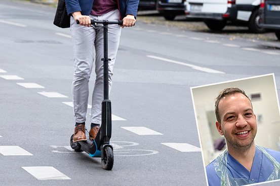 Två sammanfogade bilder med en bakgrundsbild på en elsparkcykel i trafik och ett infogat porträtt av läkaren Matthias Jörn