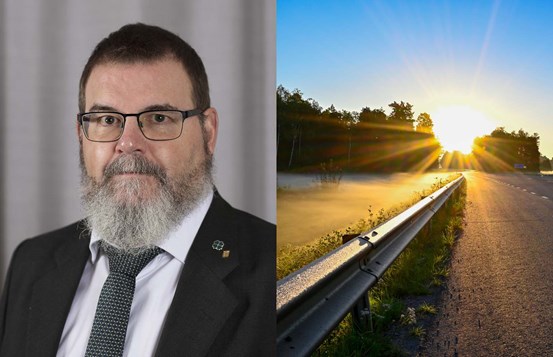 Regionala utvecklingsnämndens ordförande Jonny Lundin till vänster och en bild av en väg till höger, i ett bildcollage.