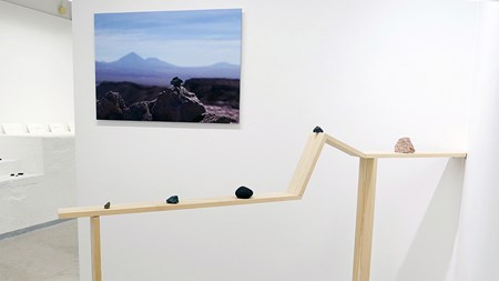 Installation med fjällhylla, fotografi och originalstenar. Vy från utställningen. 