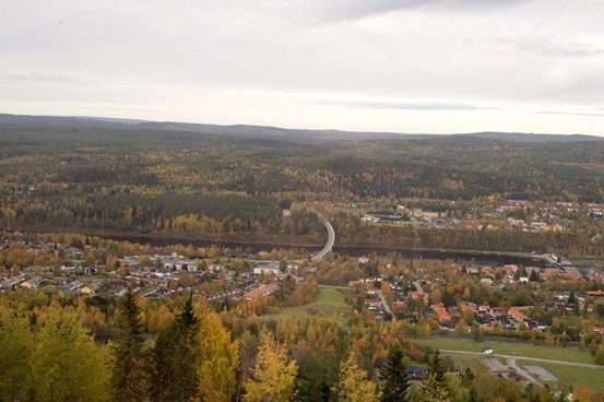 Vy över Sollefteå stad med skog i bakgrunden.