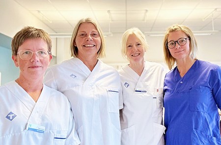 Sara Lundin, Eva Persson, Ann-Katrin Wallmark och Viktoria Wallgren är sjuksköterskor, onkologmottagning/dagvård vid sjukhuset i Sollefteå. Katarina Östergren och Maria Lundgren saknas på bilden men är också del av teamet på onkologmottagningen.