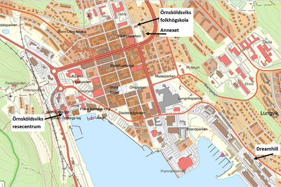 En kartbild över Örnsköldsviks centrum med pilar för Örnsköldsviks folkhögskola, Annexet, Dreamhill och Resecentrum.
