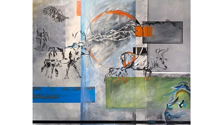 Målning med geometriska former och renar. Mer beskrivande finns i brödtexten. 