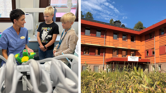 Tvådelad bild, på den första står en folktandvårdsanställd och berättar för en grupp barn, den andra exteriör på FTV Centrum i Sundsvall