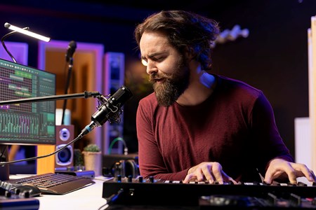 En ung man med skägg sitter vid en keyboard och mikrofon och spelar in musik. 