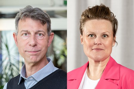En bild med två porträtt föreställande ekonomidirektör Fredrik Jansson och regionstyrelsens ordförande Sara Nylund (S)