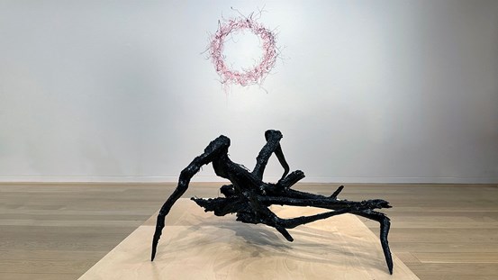 I förgrunden, på ett lågt träpodium, står en svart skulptur. Den är spretig, nästan insektsliknande, gjord av en stubbe, mossa, jord och asfalt. Bakom den, på den vita väggen, är en snirklig krans i röda toner tecknad i torrpastell.