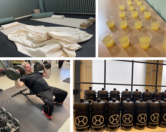 Yogamattor, ingefärsshots, man som lyfter tyngder, vattenflaskor