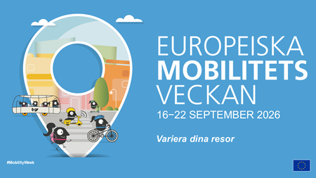 Logotyp för Europeiska mobilitetsveckan mot blå bakgrund och texten Europeiska mobilitetsveckan.