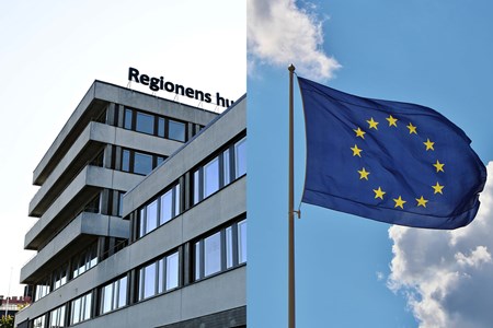 Bildmontage med Regionens hus i Härnösand till vänster och en EU-flagga till höger i bilden.