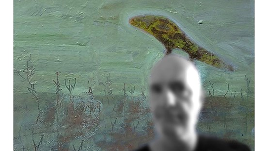 Till höger förgrunden vad som ser ut som ett suddigt foto, ett porträtt i svartvitt föreställandes en skallig man. I bakgrunden en målning i gröna och lila toner, det ser ut som ett landskap. Precis ovan mannens huvud är en ödla i gröngult och brunt. Den ser ut att sitta på hans huvud.
