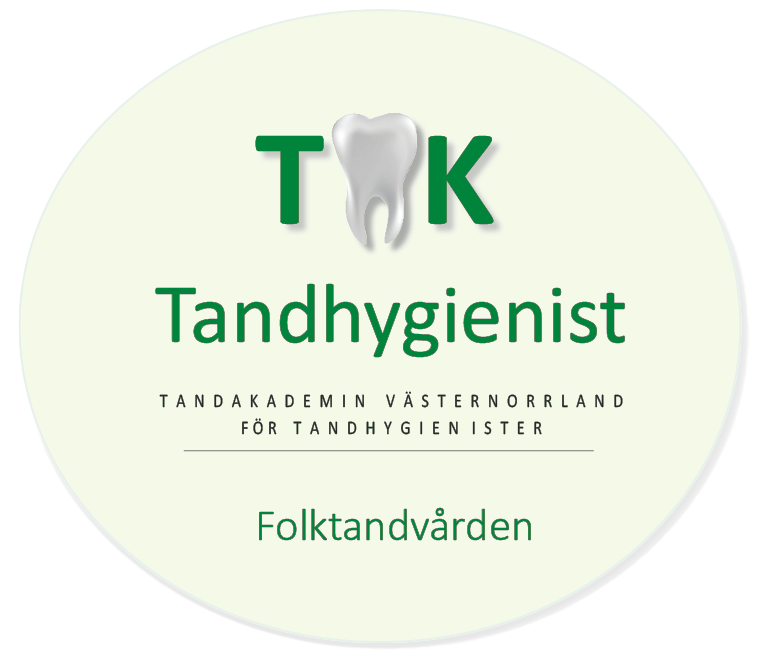 alt=' Runt märke med ljusgrön bakgrund och mörkgröna bokstäver, A:et i TAK är en tand.'