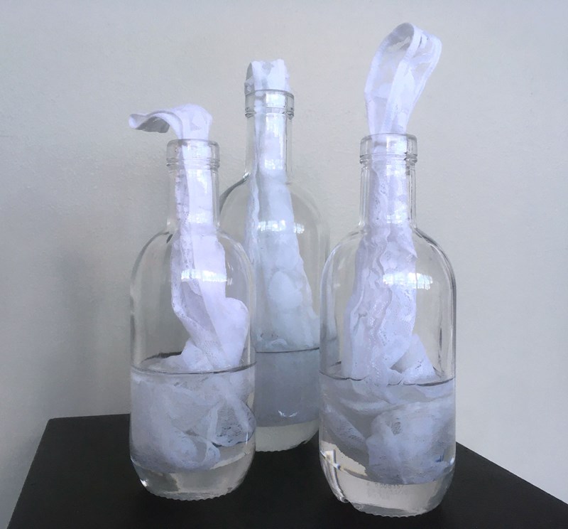 En skulptural installation. Tre stycken glasflaskor står på en svart yta med vit bakgrund. De är i ofärgat glas och fyllda ungefär till hälften med en genomskinlig vätska. Nerstoppade i flaskorna och vätskan är spetstyg (stringtrosor). En bit av de sticker upp ur flaskorna. 