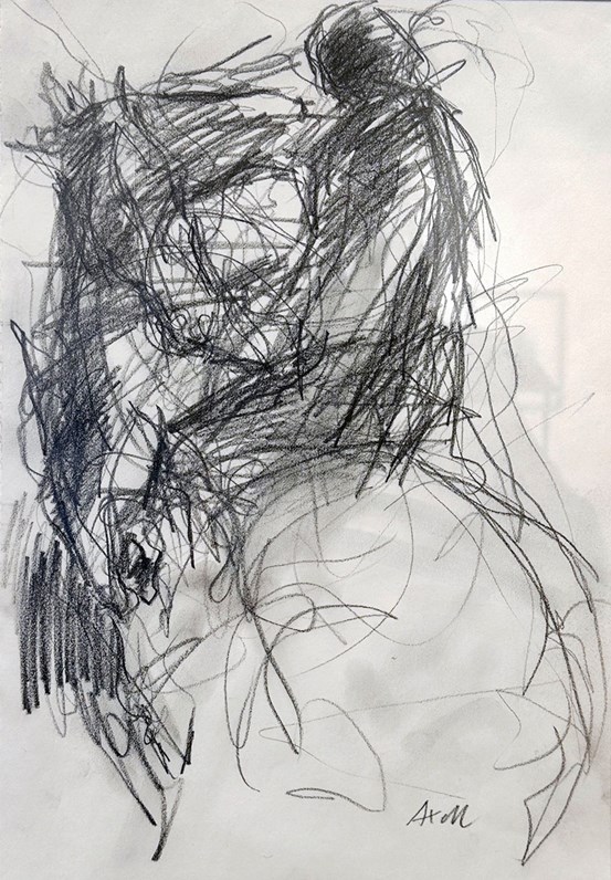 En teckning i blyerts av en ryttare till häst. Snabba, expressiva och sökande blyertsstreck formar bilden.