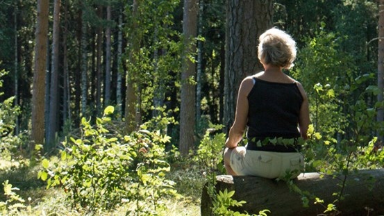 Kvinna bakifrån sittandes på en bänk i naturenn