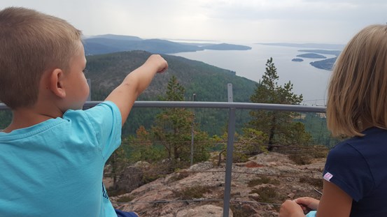 Barn som tittar på utsikten från toppen av Skuleberget.
