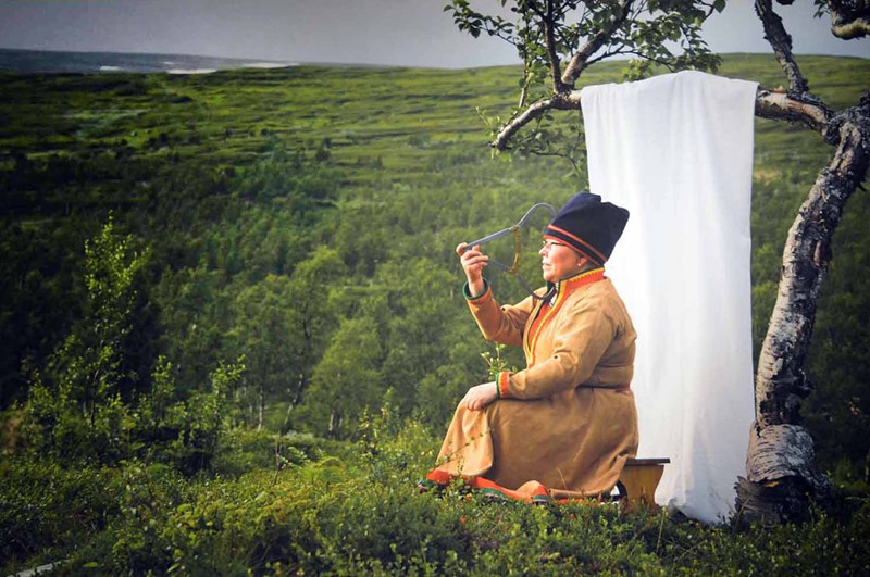 En kvinna i profil med samisk dräkt sitter utomhus  på en pall mitt i grönskan. Runt henne är det risigt och snårigt. Hon ser ut att sitta på en höjd. I bakgrunden breder ett vidsträckt landskap ut sig. Snett bakom henne till höger hänger ett vitt tyg från en krokig fjällbjörk. Hon håller ett mätverktyg i höger hand och mäter sitt huvud. 