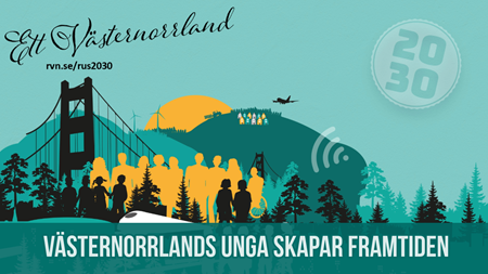 Illustration över Västernorrland med siluetter av unga människor framför landskap med bro, skog, vindkraftverk, tåg och samhällen. Texten ‘Ett Västernorrland’, ‘Västernorrlands unga skapar framtiden’ och årtalet 2030 visas i bilden.