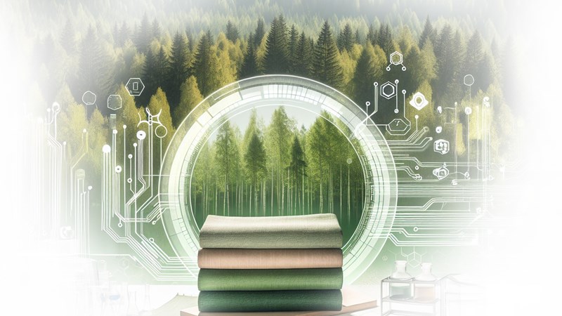 En harmonisk komposition av en grön skog, teknisk laboratorieutrustning och närbild på tyg med naturlig textur – symboliserar hållbar textilinnovation från skogsbaserade resurser.