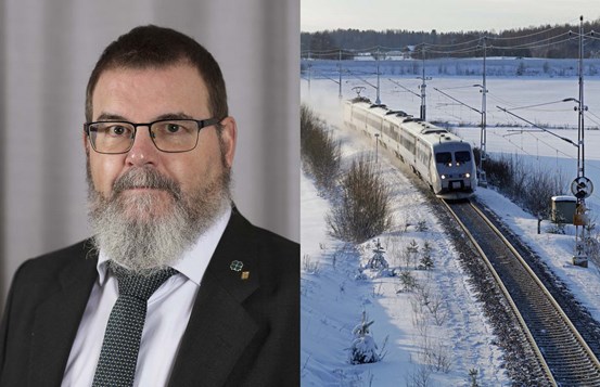 Bildcollage med regionala utvecklingsnämndens ordförande Jonny Lundin samt en bild på ett tåg som färdas i vinterlandskap